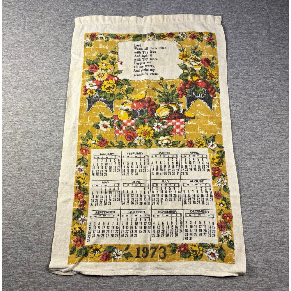 Vintage 1973 Cotton Multicolor Floral Calendar Tea Towel with Verse